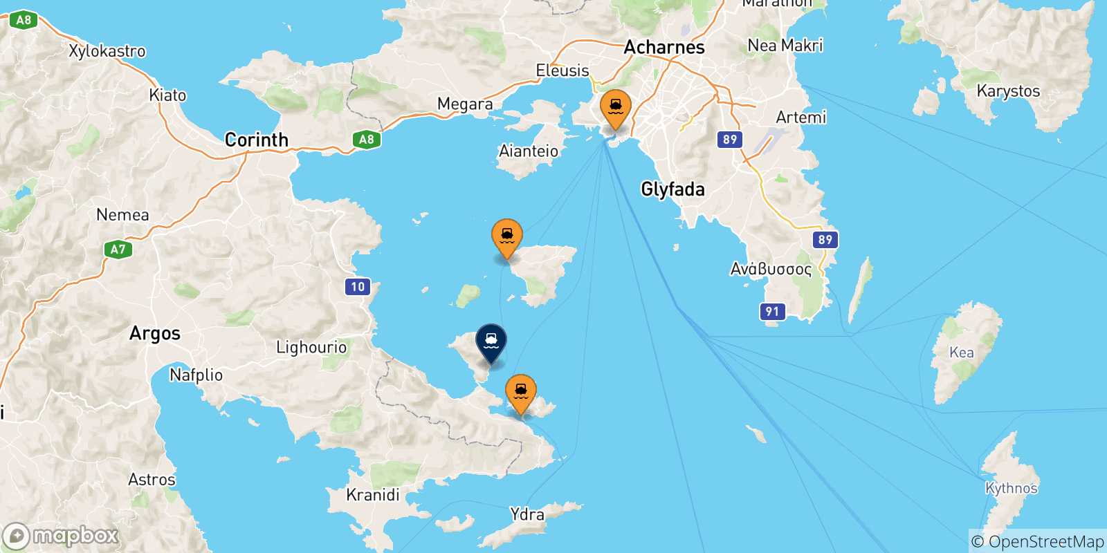 Mappa delle possibili rotte tra la Grecia e Methana