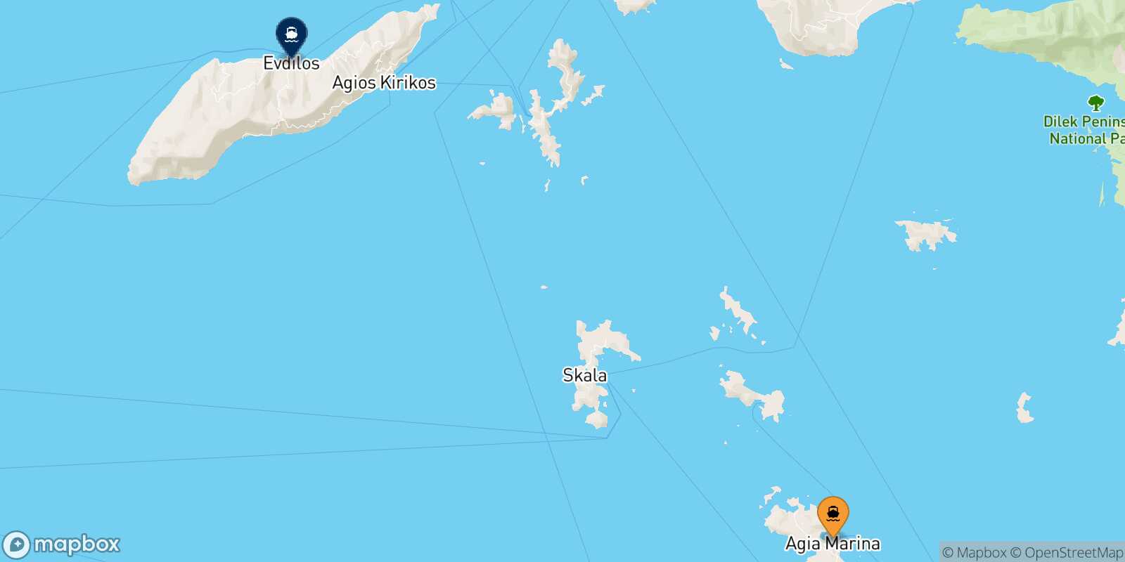 Mappa della rotta Leros Agios Kirikos (Ikaria)