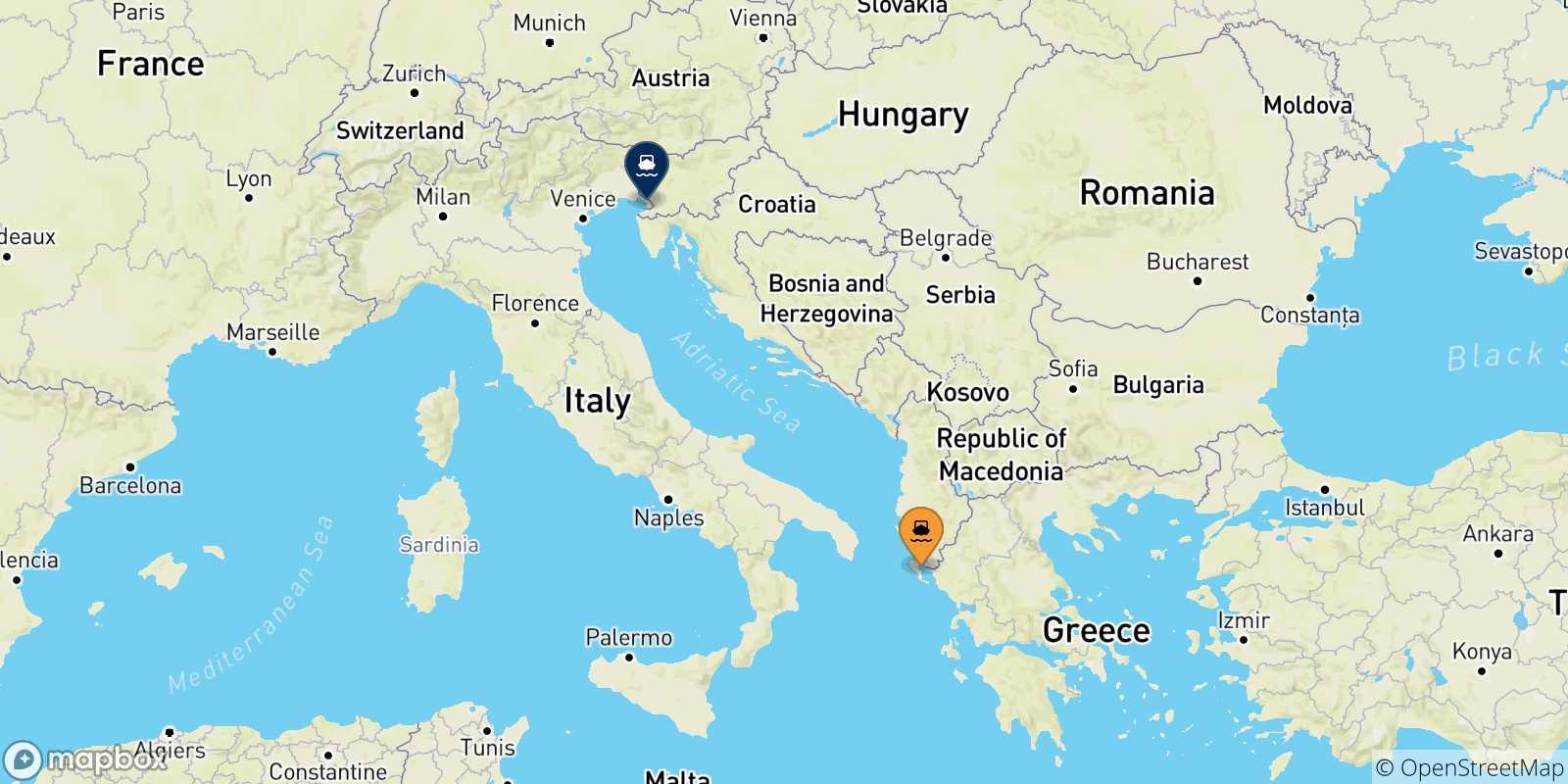 Mappa delle possibili rotte tra le Isole Ionie e Trieste