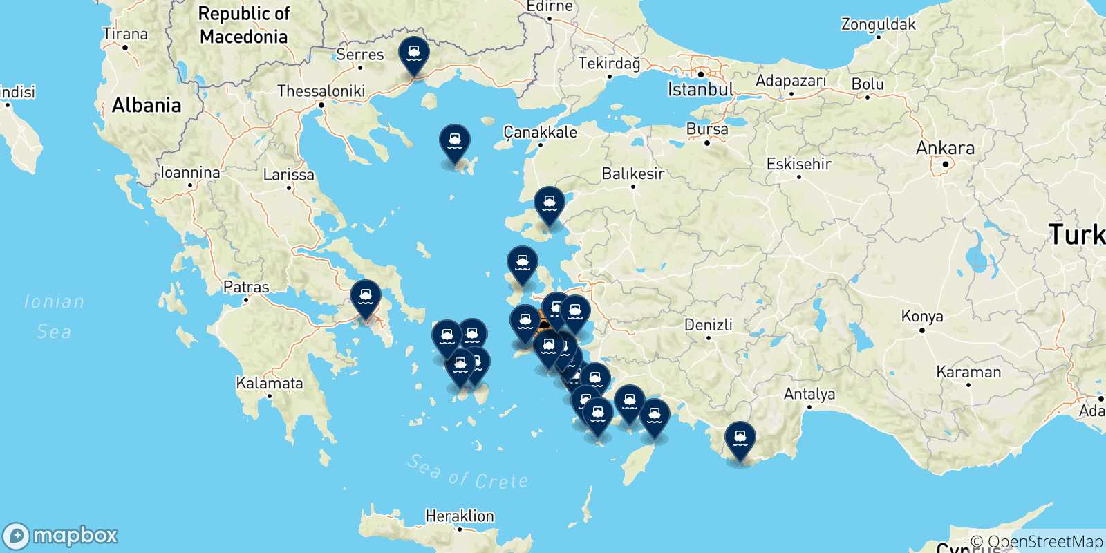 Mappa delle possibili rotte tra Fourni e la Grecia