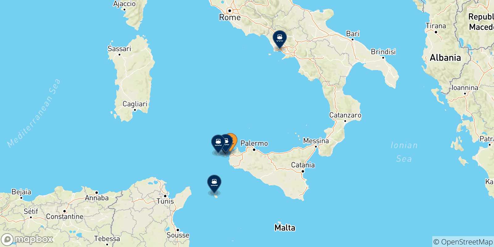 Mappa delle possibili rotte tra Trapani e l'Italia