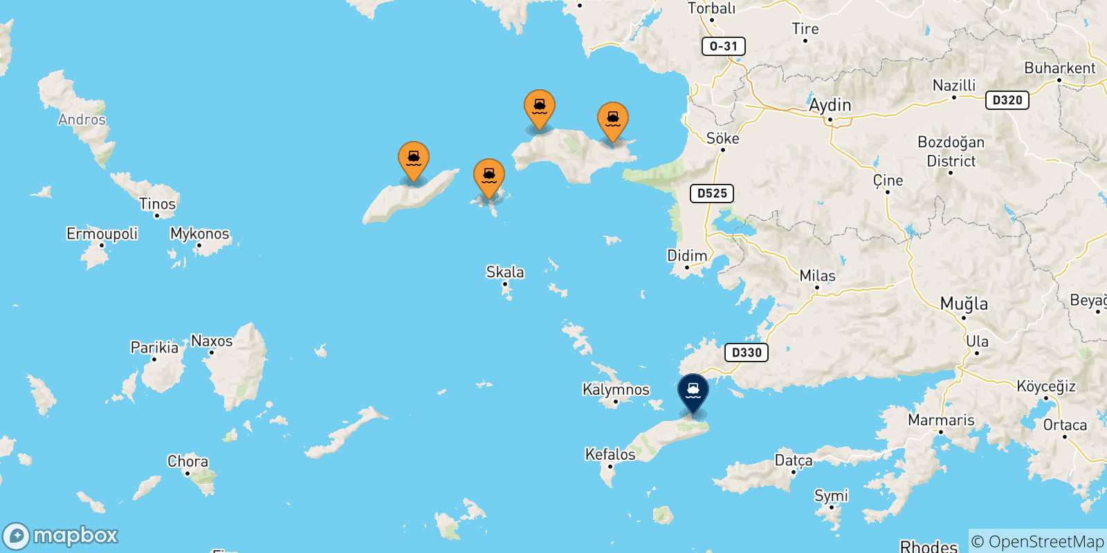 Mappa delle possibili rotte tra le Isole Egeo Nord Orientale e Kos