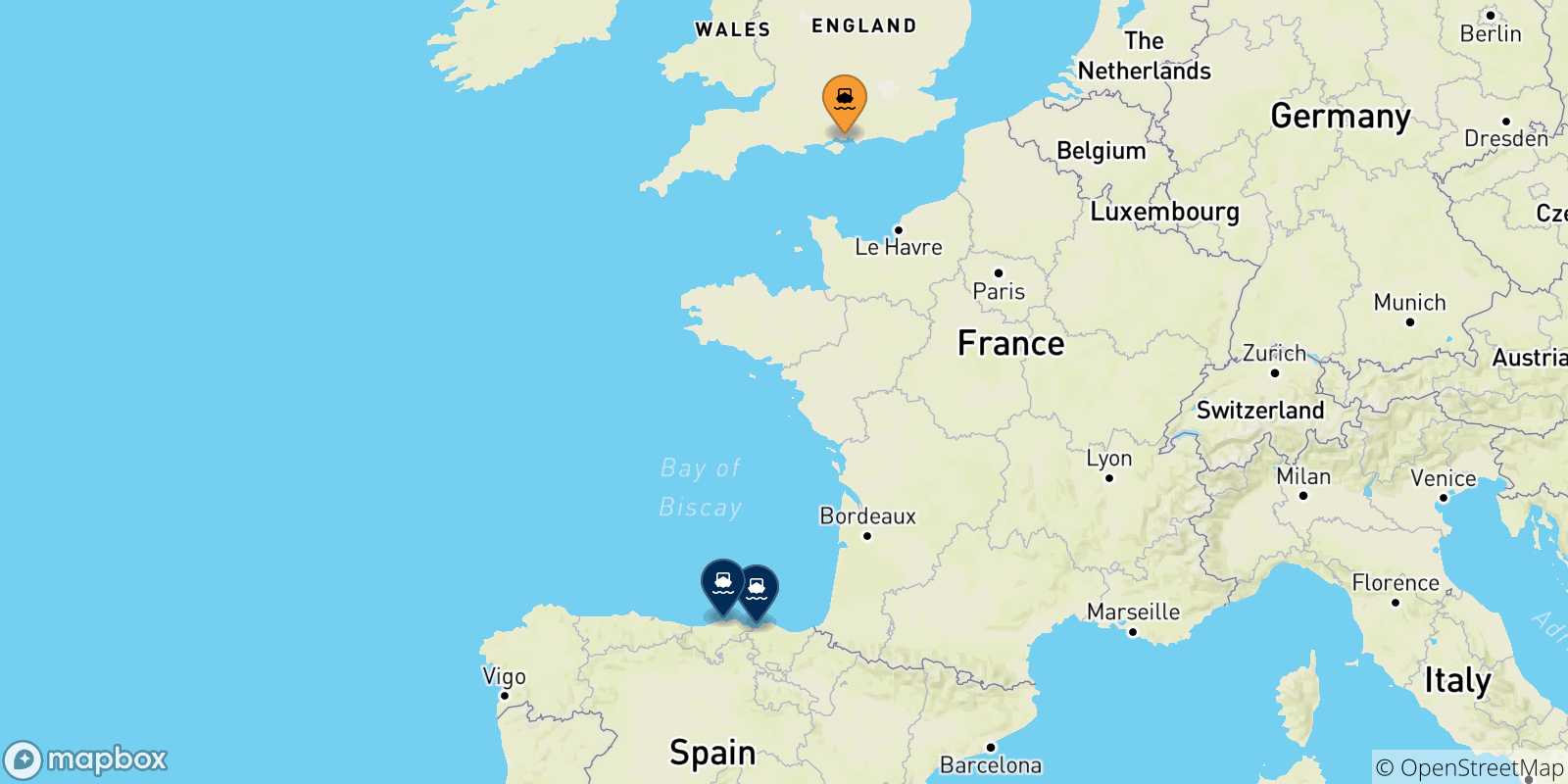 Mappa delle possibili rotte tra Portsmouth e la Spagna