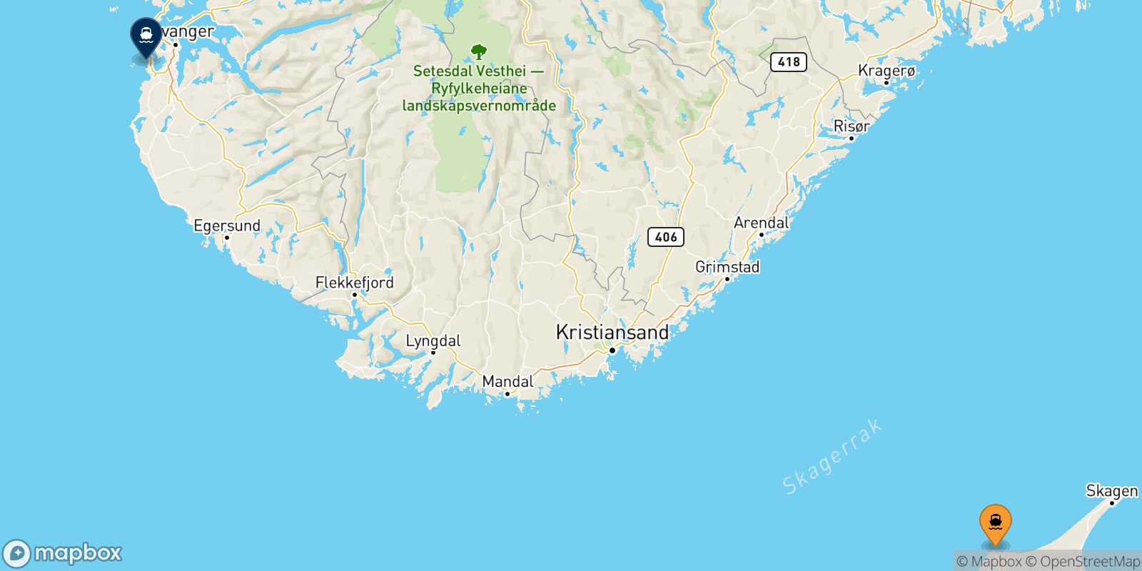 Mappa della rotta Hirtshals Stavanger