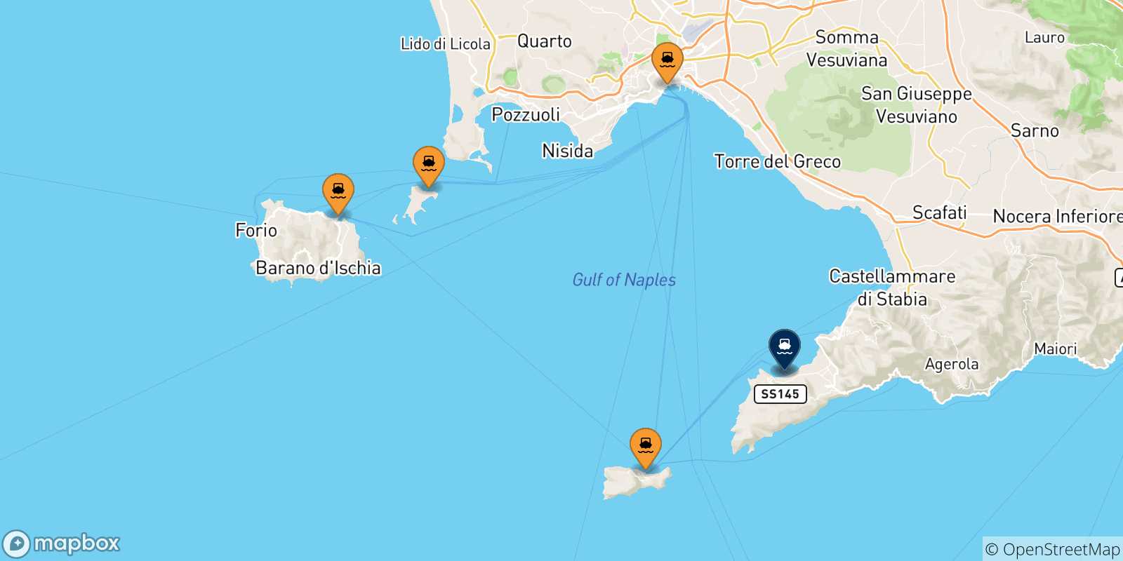Mappa delle possibili rotte tra l'Italia e Sorrento