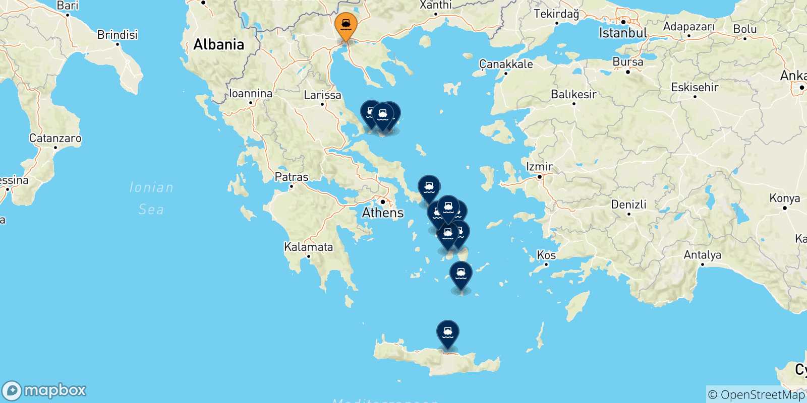 Mappa delle possibili rotte tra Salonicco e la Grecia