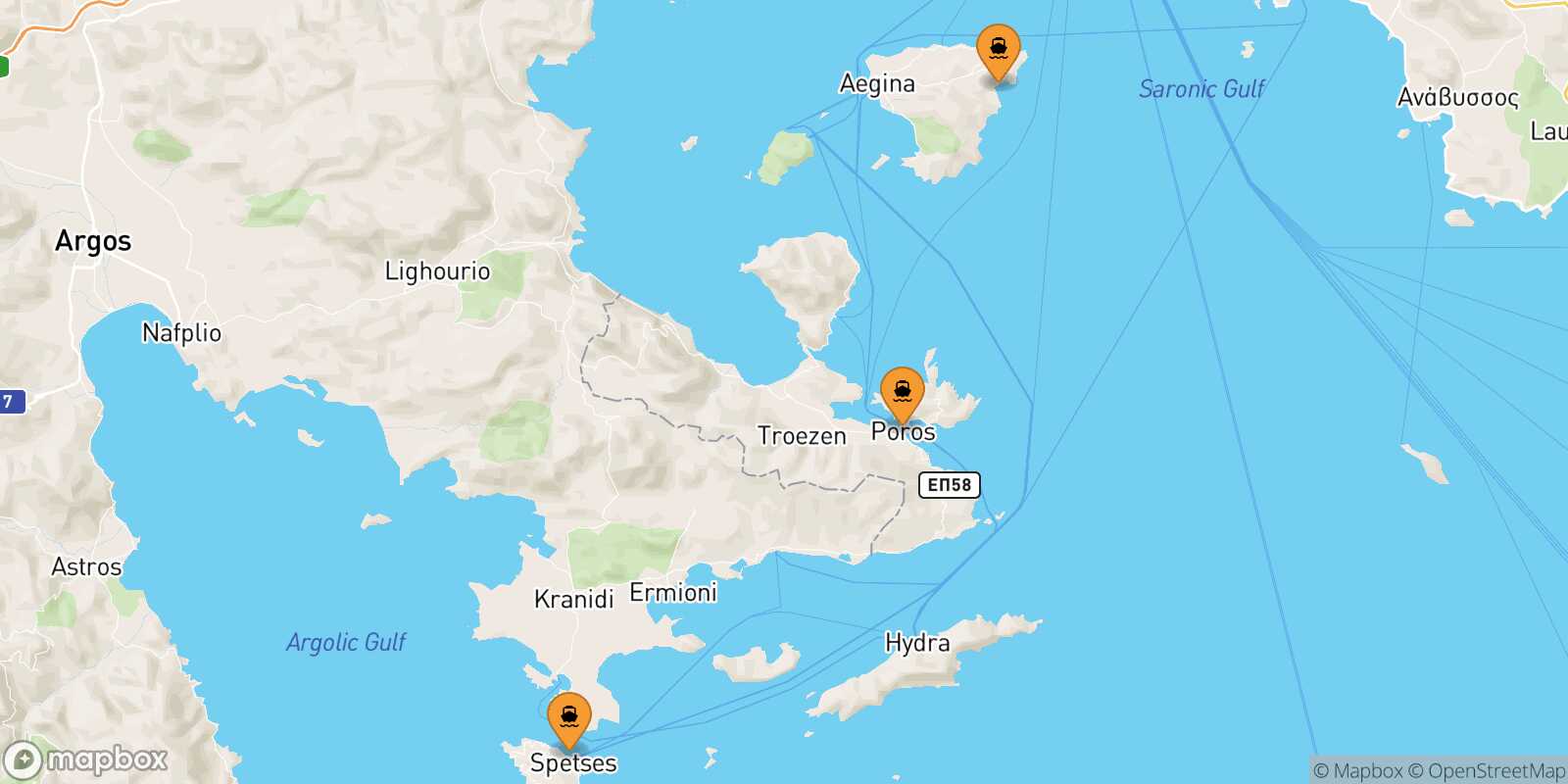 Mappa dei porti collegati con  Hydra