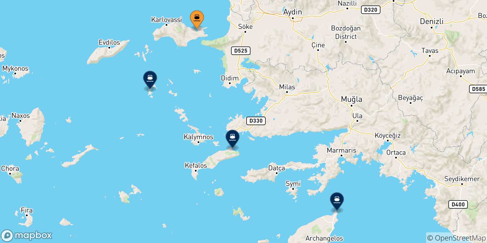 Mappa delle possibili rotte tra Vathi (Samos) e le Isole Dodecaneso