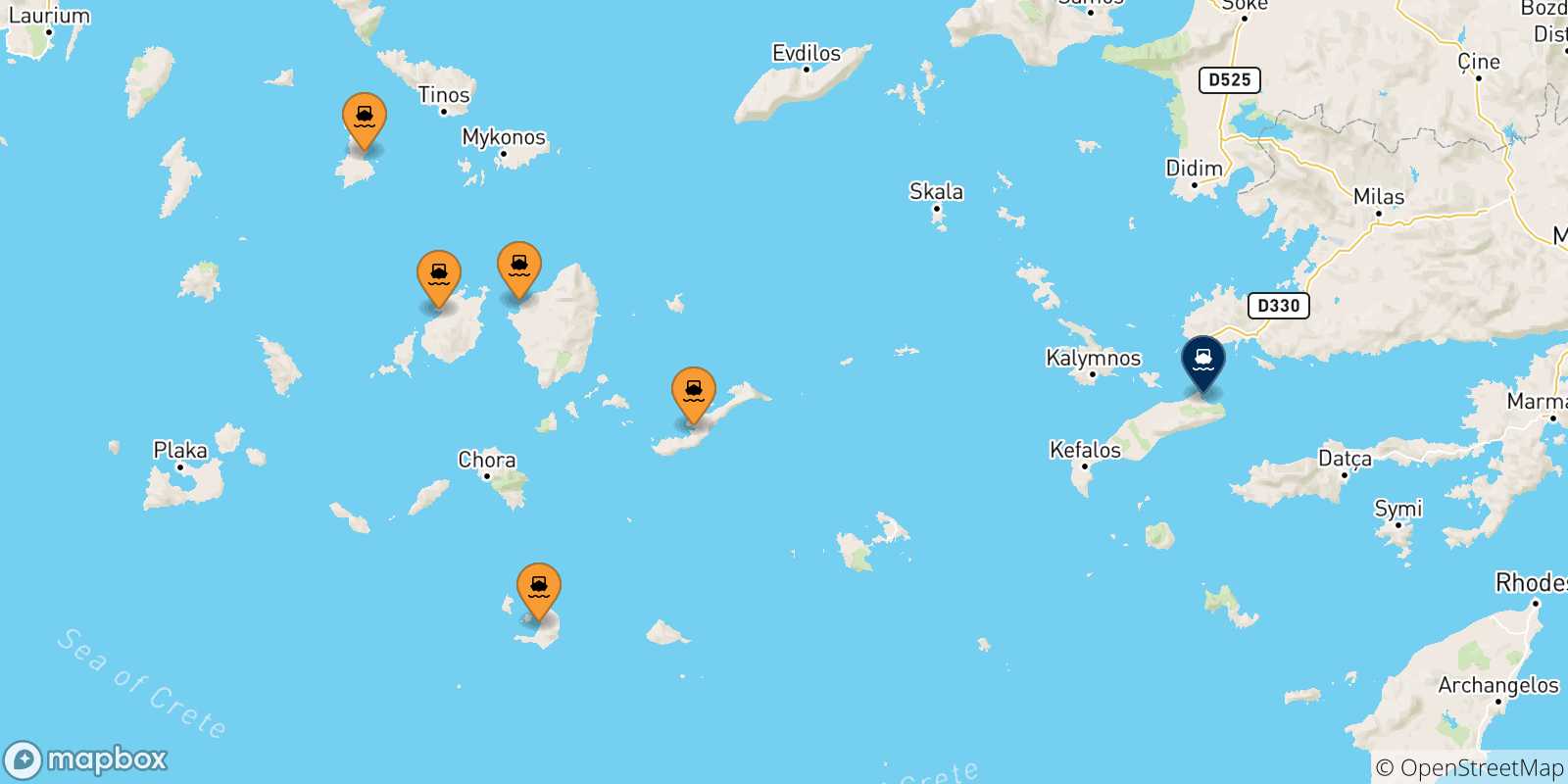 Mappa delle possibili rotte tra le Isole Cicladi e Kos