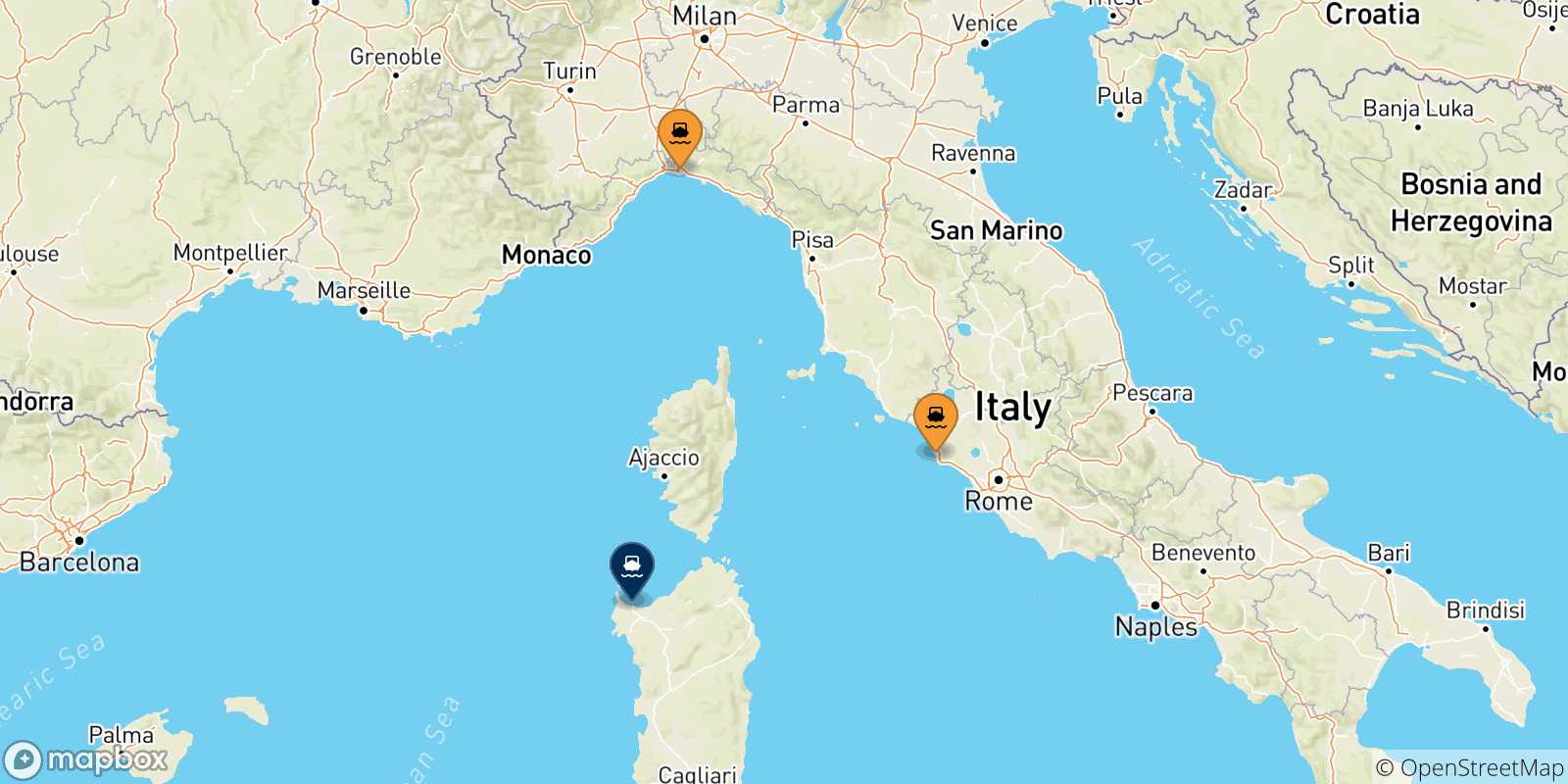 Mappa delle possibili rotte tra l'Italia e Porto Torres