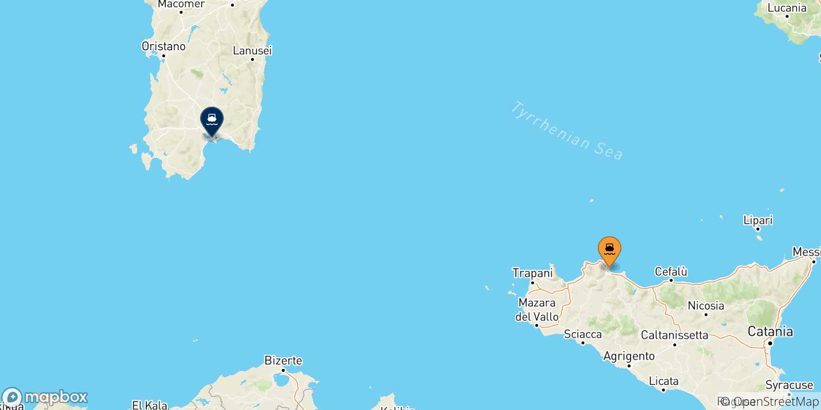 Mappa delle possibili rotte tra la Sicilia e la Sardegna