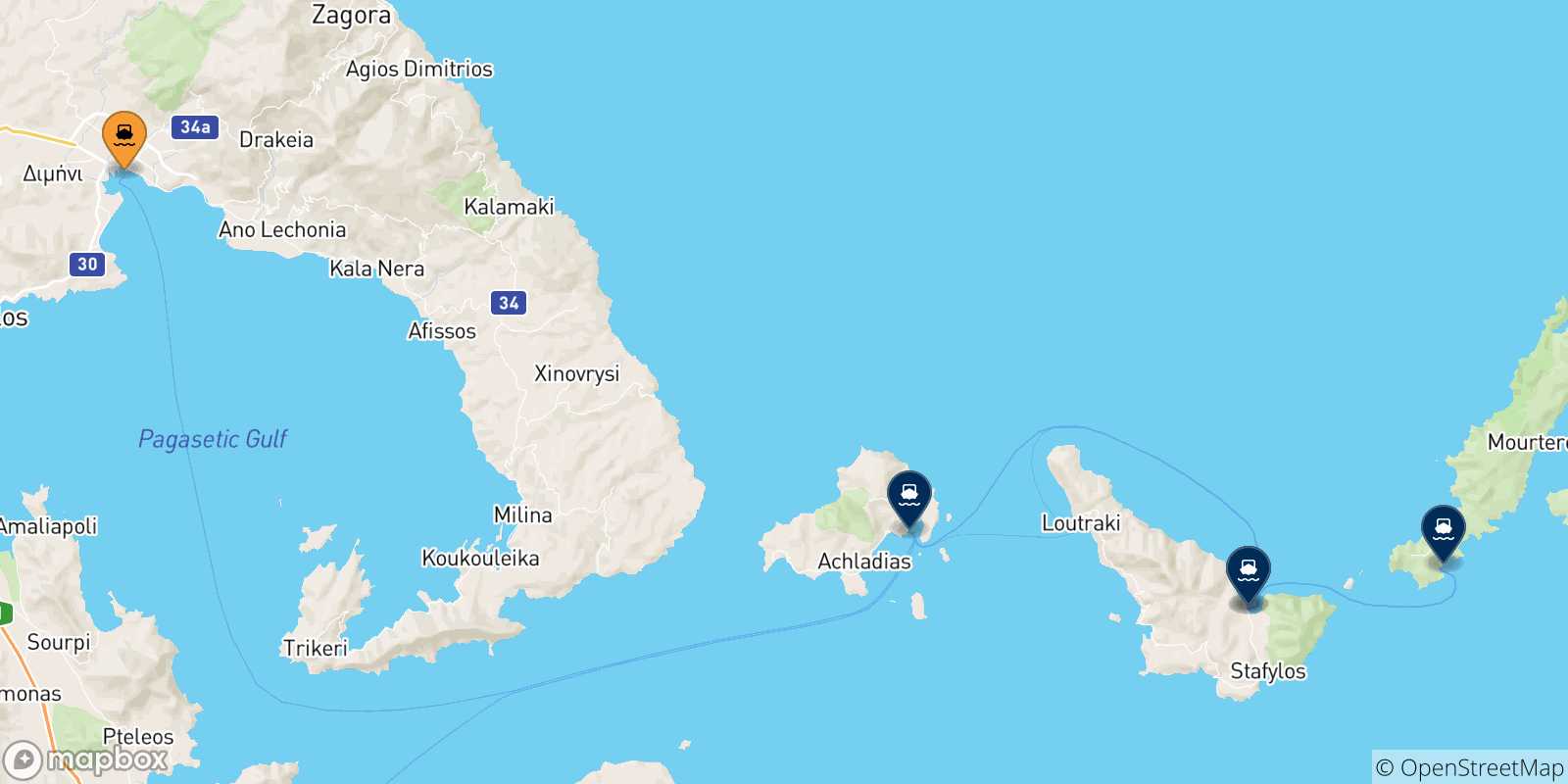 Mappa delle possibili rotte tra Volos e le Isole Sporadi
