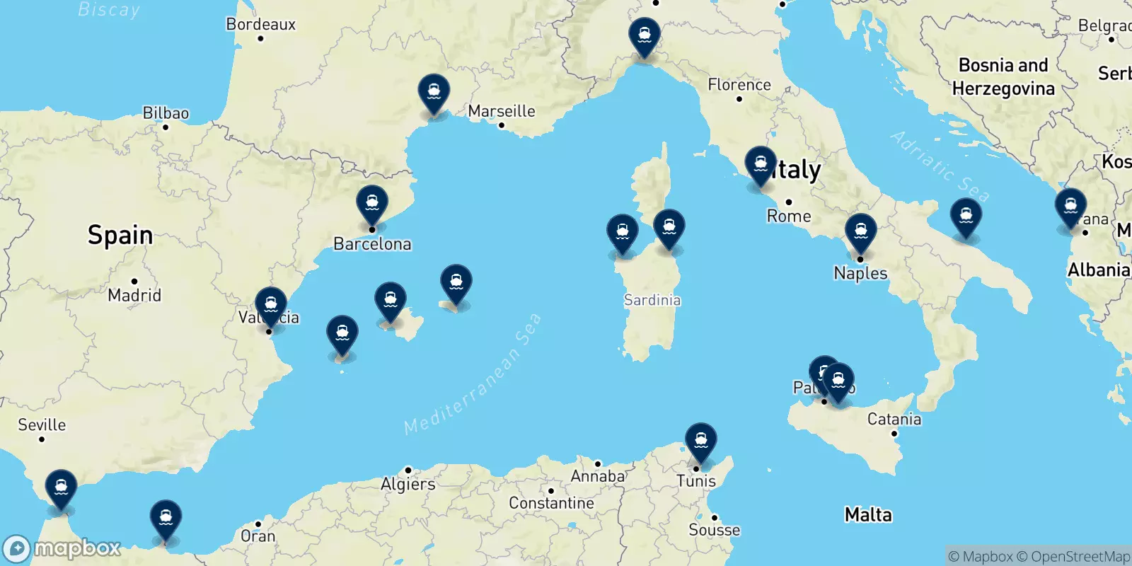 Mappa delle destinazioni Grandi Navi Veloci