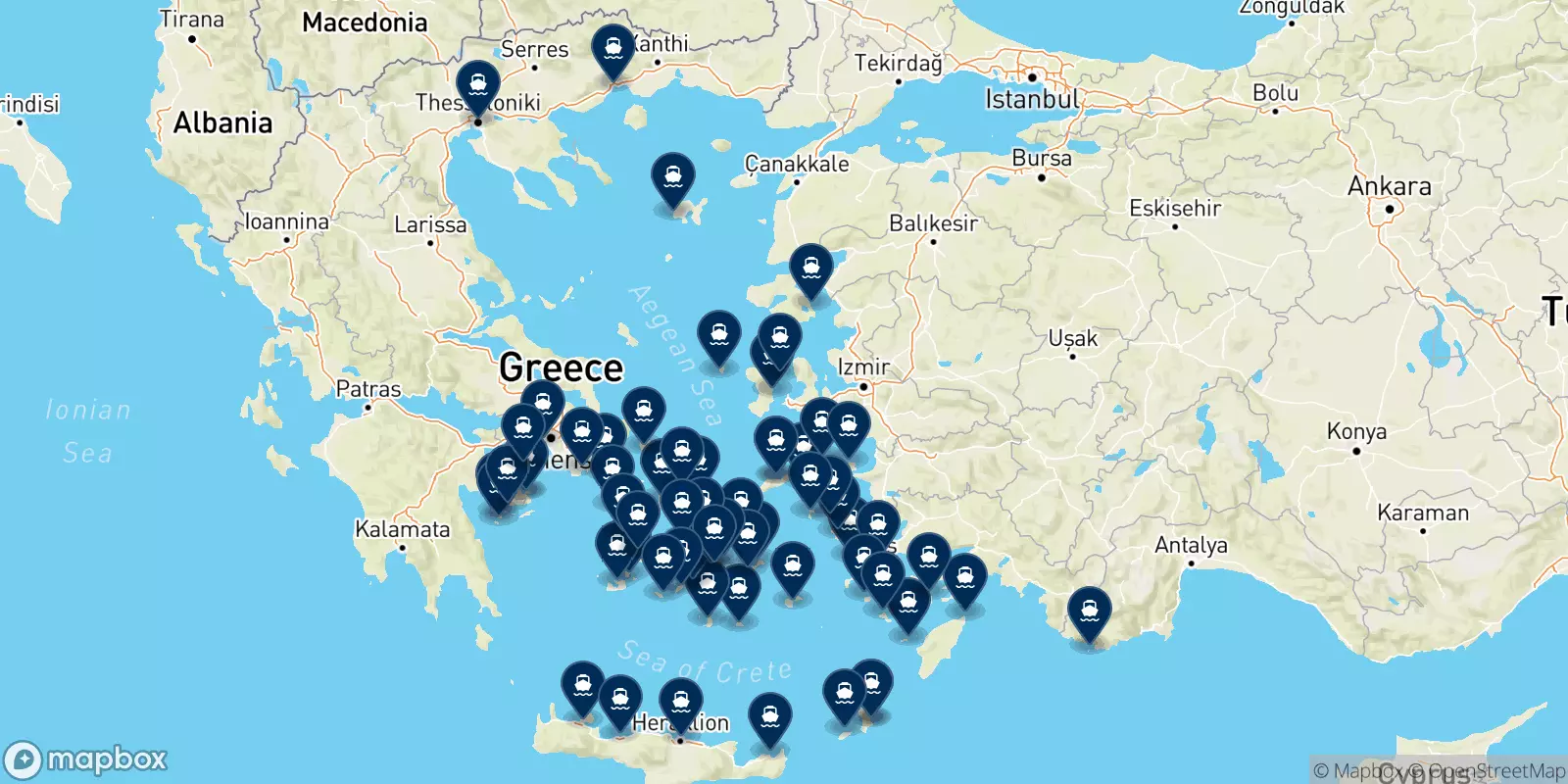 Mappa delle destinazioni Blue Star Ferries