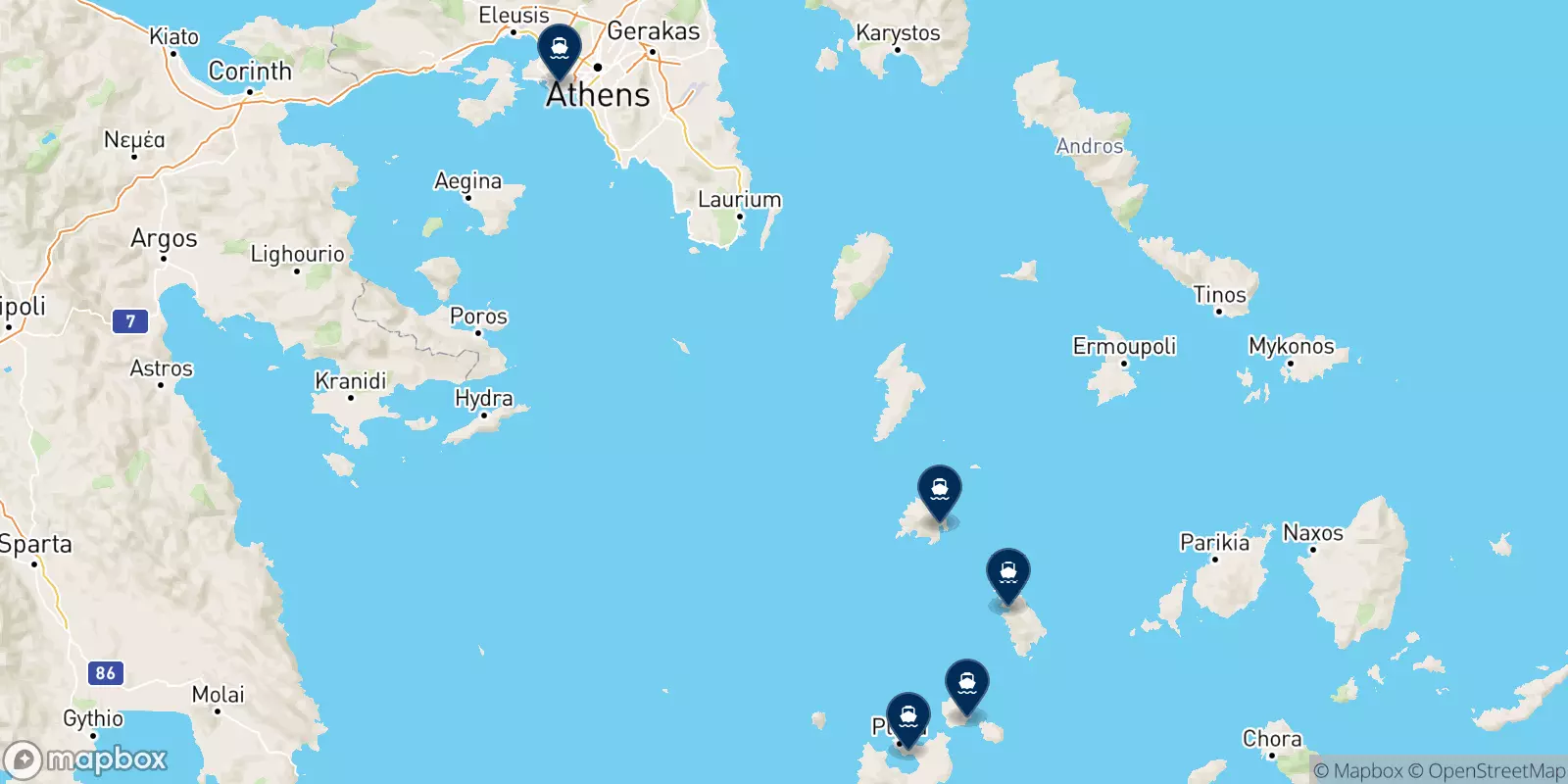 Mappa delle destinazioni Aegean Sea Lines