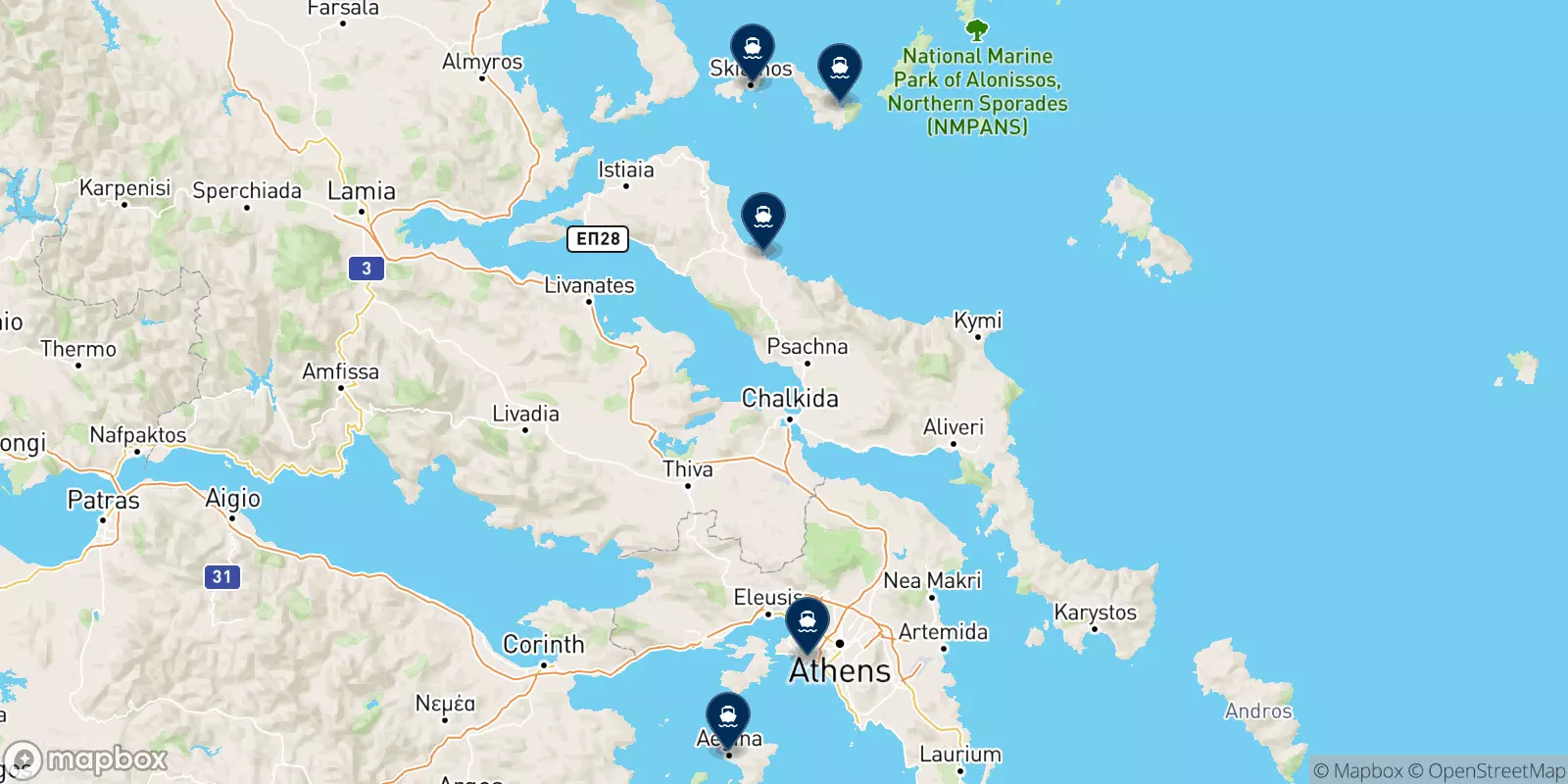 Mappa delle destinazioni Saronikos Leve Ferries